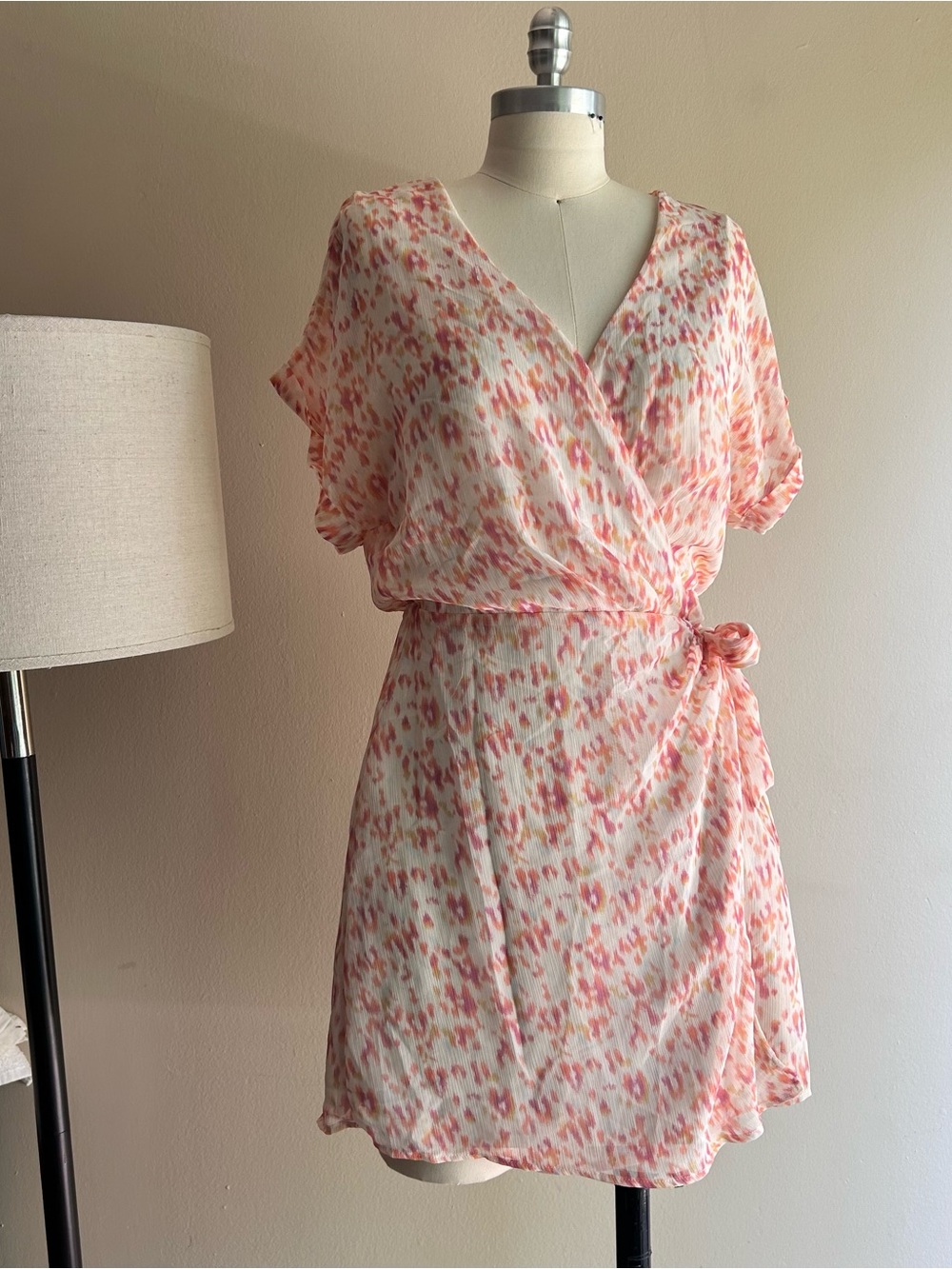 Floral Wrap Mini Dress in Pastel Coral